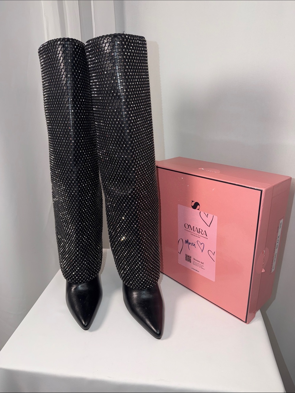 NIB O'Mara Shoes Serena Rhinestone Fold-Over Stiletto Boots size 38 (US 7.5)